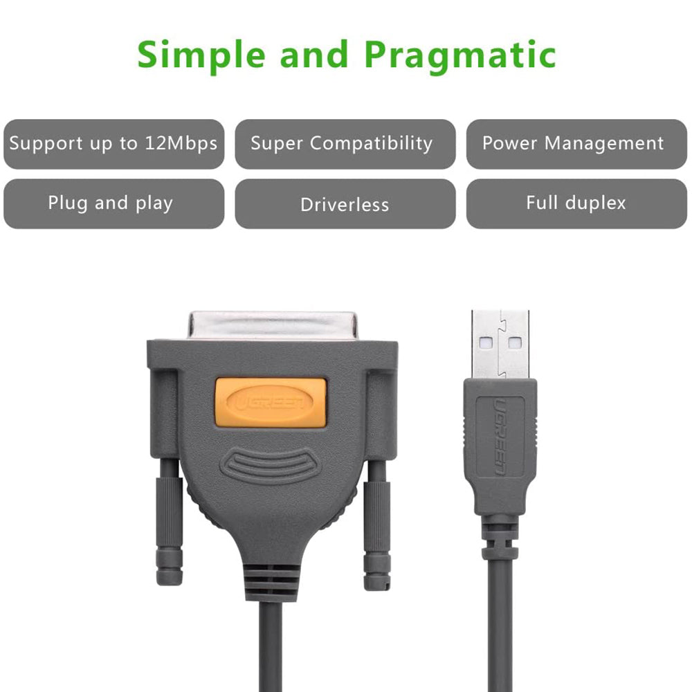 UGREEN 2m USB to DB25 Parallel Printer Cable Adapter for Laptop Desktop PC Support Windows Mac OS Linux