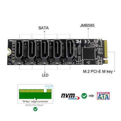 SA-004 22x80mm NGFF NVME M-Key PCI Express to SATA 3.0 5 Ports Adapter Card Converter Hard Drive Extension Card Support 6Gbps Data Transmission JMB585 2280