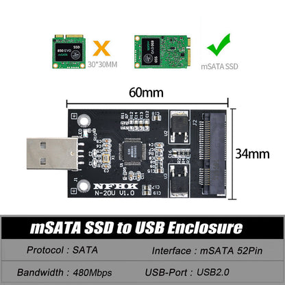 U2-008 Mini PCI-E mSATA to USB 2.0 External SSD PCBA Converter Adapter Card without Case