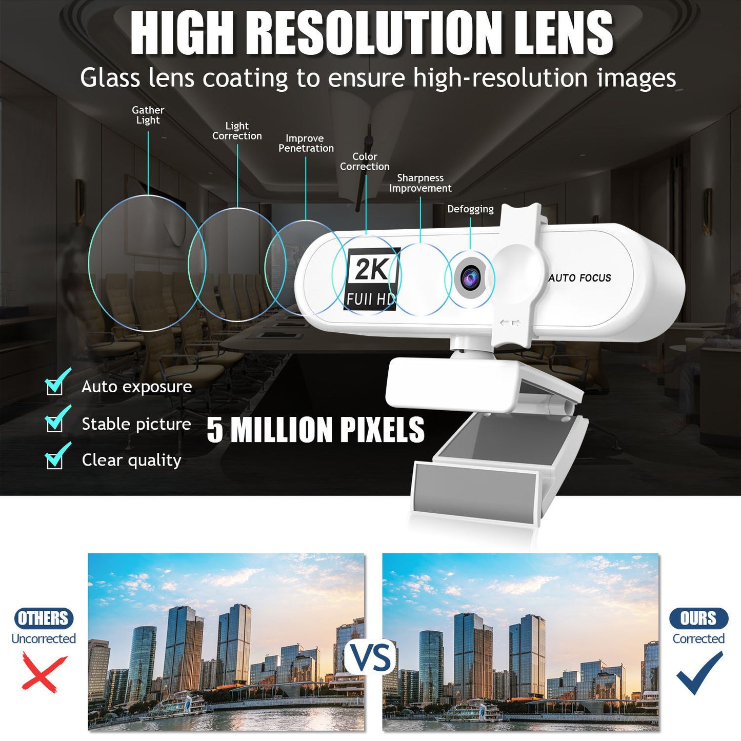 2K Full HD Auto Focus USB Computer Laptop Camera Live Streaming Video Conference Webcam with Built-in Microphone