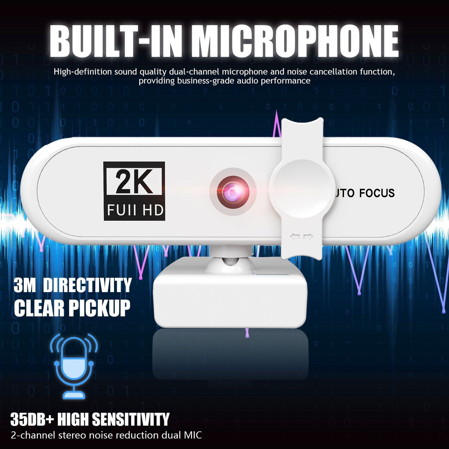 2K Full HD Auto Focus USB Computer Laptop Camera Live Streaming Video Conference Webcam with Built-in Microphone