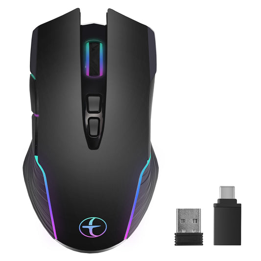 2.4G Wireless Mouse Jiggler Portable Cordless Mouse with 7 Keys/Light Effect/Type-C Adapter Support 800/1200/1600DPI