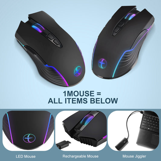 2.4G Wireless Mouse Jiggler Portable Cordless Mouse with 7 Keys/Light Effect/Type-C Adapter Support 800/1200/1600DPI