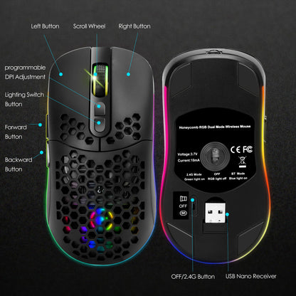 2.4G Bluetooth Dual Mode Honeycomb Shell Wireless Mouse with RGB Backlit for Laptop PC Computer