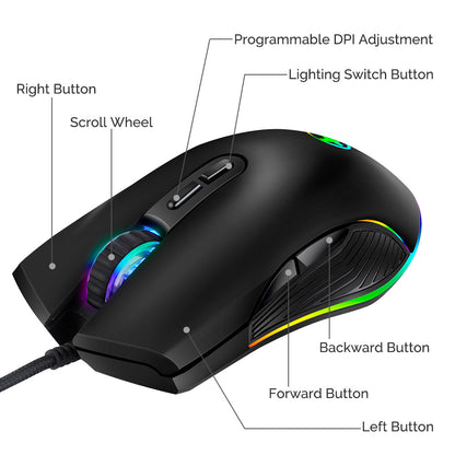 Type C Wired Gaming Mouse 800/1200/1600/3200 DPI Adjustable with RGB Backlit