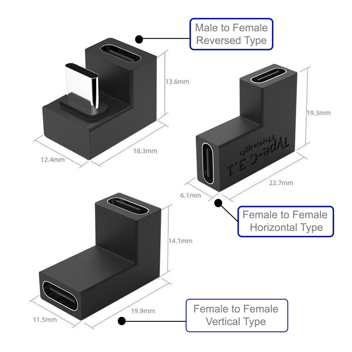 UC-077 3Pcs/Set USB-C Male to Female + USB-C Female to Female Elbow Converter Charging Adapter