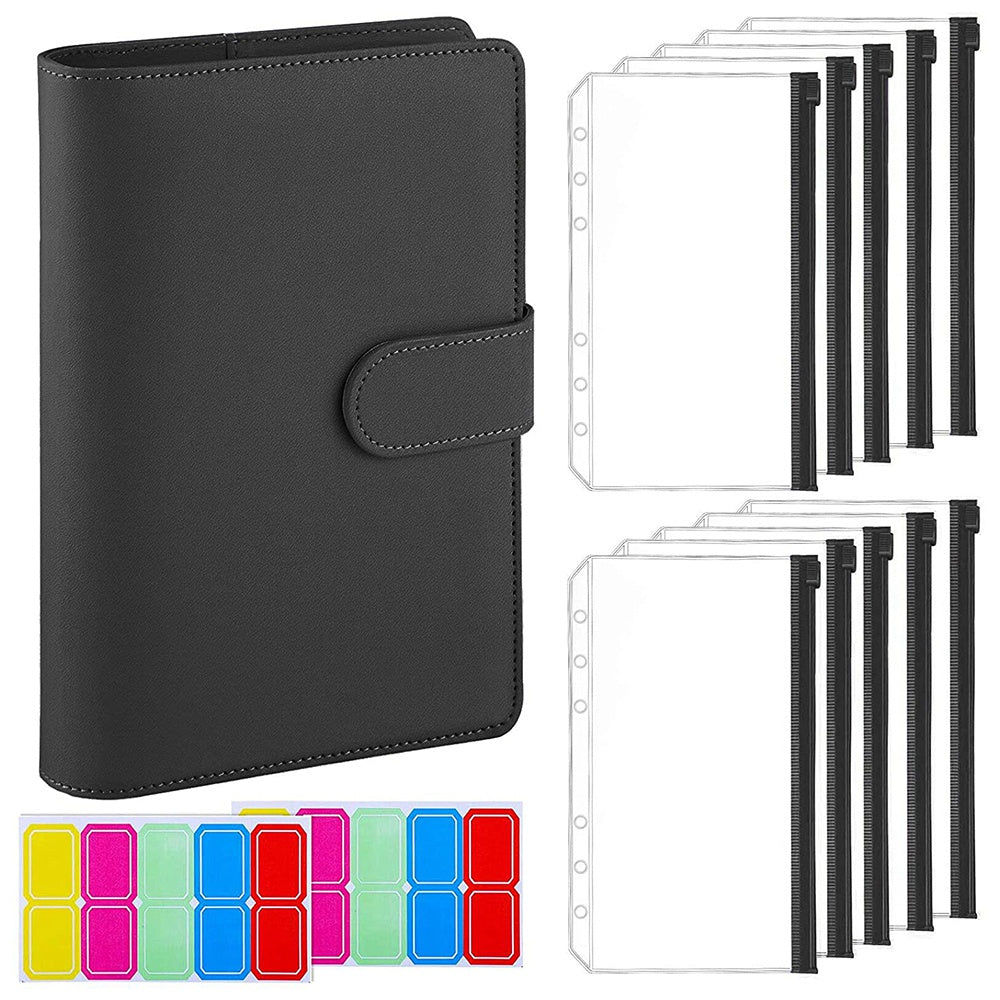 A6 PU Leather Notebook Binder Budget Planner Organizer 6 Ring Binder Cover with 10 Binder Pockets and 2 Label Stickers