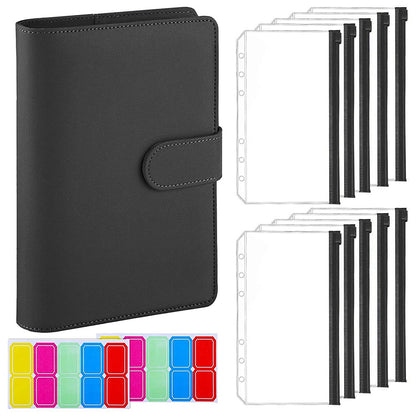 A6 PU Leather Notebook Binder Budget Planner Organizer 6 Ring Binder Cover with 10 Binder Pockets and 2 Label Stickers