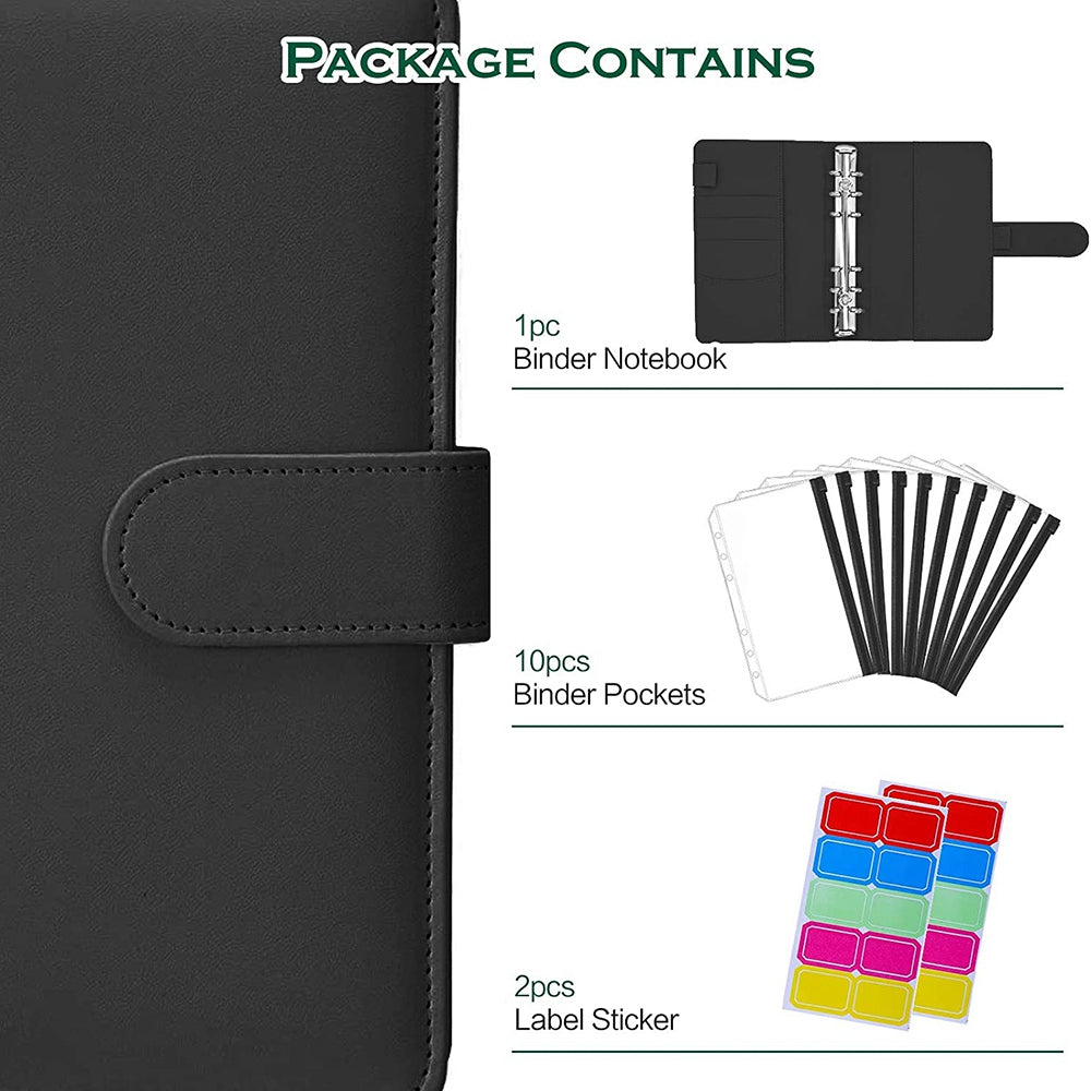 A6 PU Leather Notebook Binder Budget Planner Organizer 6 Ring Binder Cover with 10 Binder Pockets and 2 Label Stickers