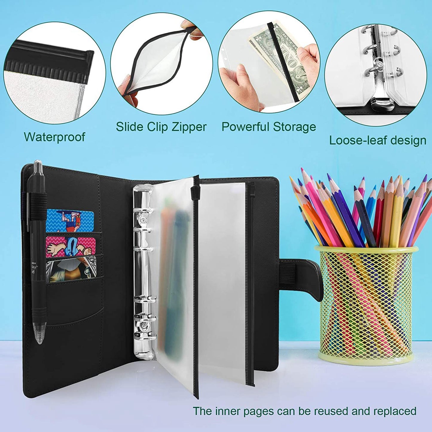 A6 PU Leather Notebook Binder Budget Planner Organizer 6 Ring Binder Cover with 10 Binder Pockets and 2 Label Stickers