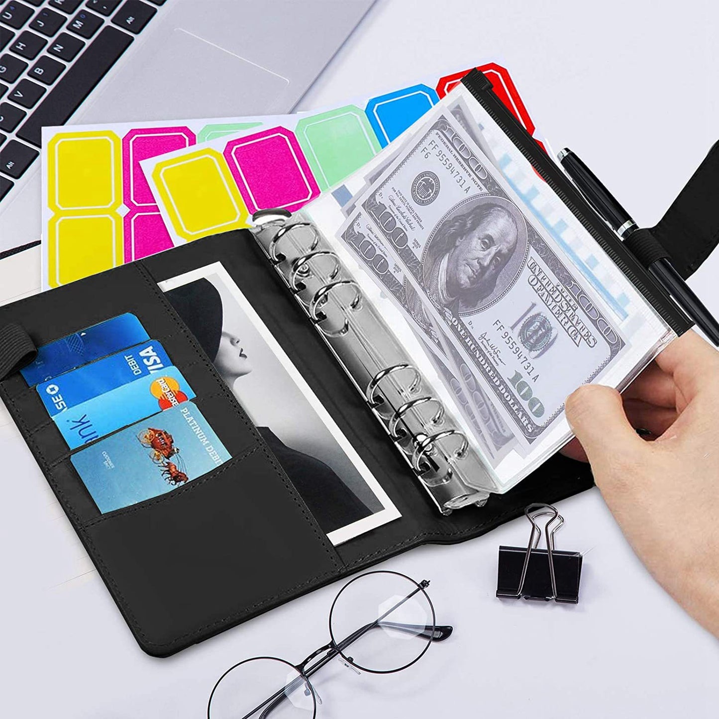 A6 PU Leather Notebook Binder Budget Planner Organizer 6 Ring Binder Cover with 10 Binder Pockets and 2 Label Stickers