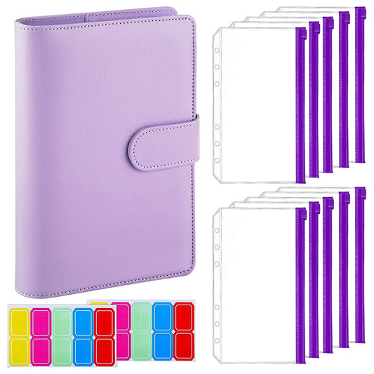 A6 PU Leather Notebook Binder Budget Planner Organizer 6 Ring Binder Cover with 10 Binder Pockets and 2 Label Stickers