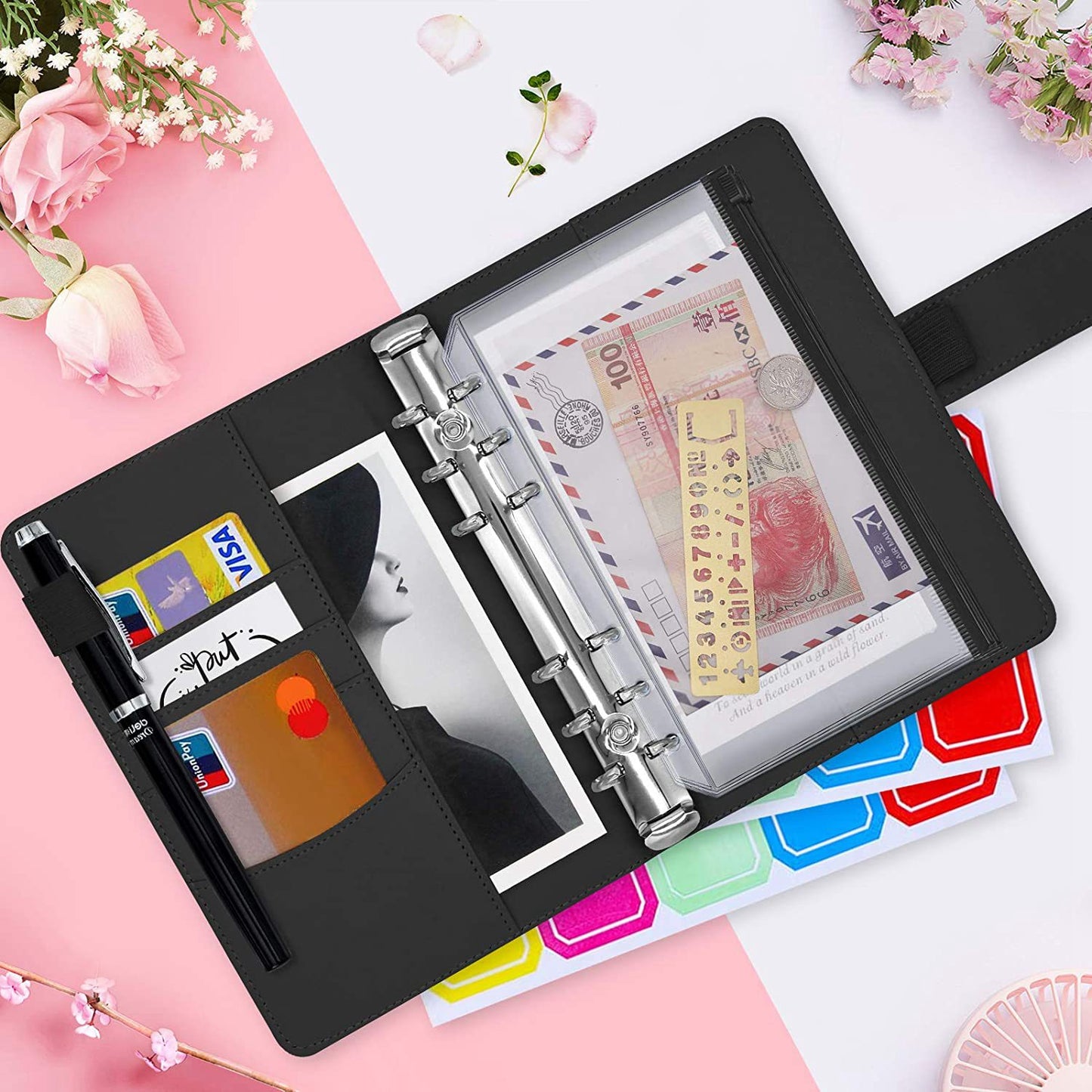 A6 PU Leather Notebook Binder Budget Planner Organizer 6 Ring Binder Cover with 10 Binder Pockets and 2 Label Stickers