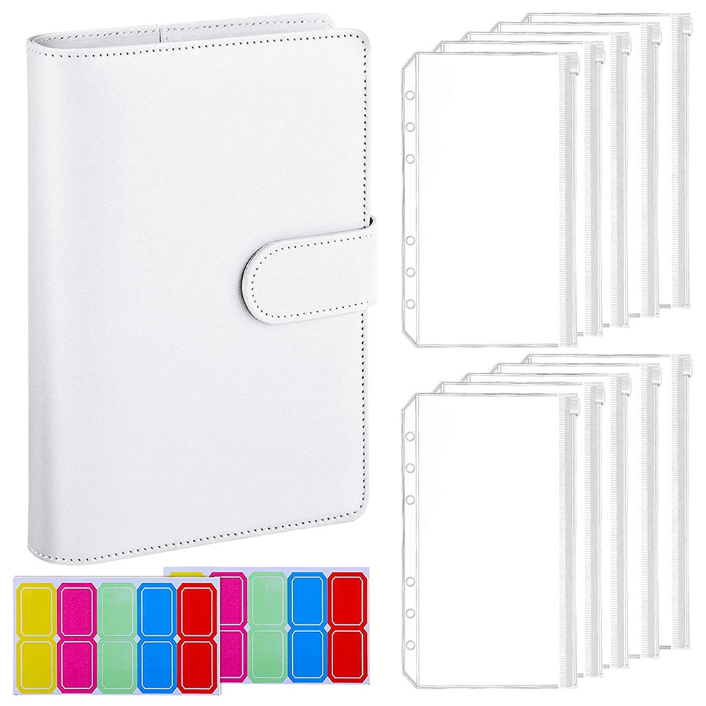 A6 PU Leather Notebook Binder Budget Planner Organizer 6 Ring Binder Cover with 10 Binder Pockets and 2 Label Stickers