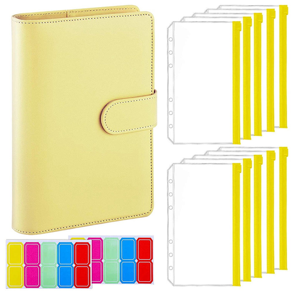 A6 PU Leather Notebook Binder Budget Planner Organizer 6 Ring Binder Cover with 10 Binder Pockets and 2 Label Stickers