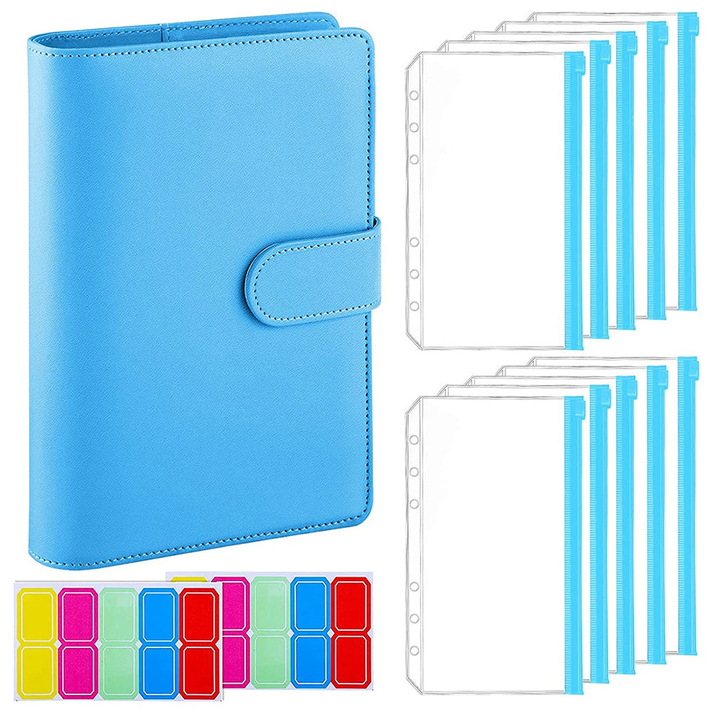 A6 PU Leather Notebook Binder Budget Planner Organizer 6 Ring Binder Cover with 10 Binder Pockets and 2 Label Stickers