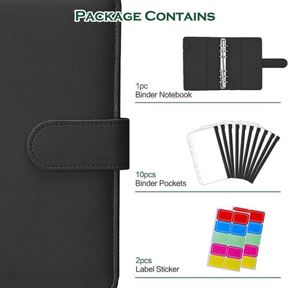 A6 PU Leather Notebook Binder Budget Planner Organizer 6 Ring Binder Cover with 10 Binder Pockets and 2 Label Stickers