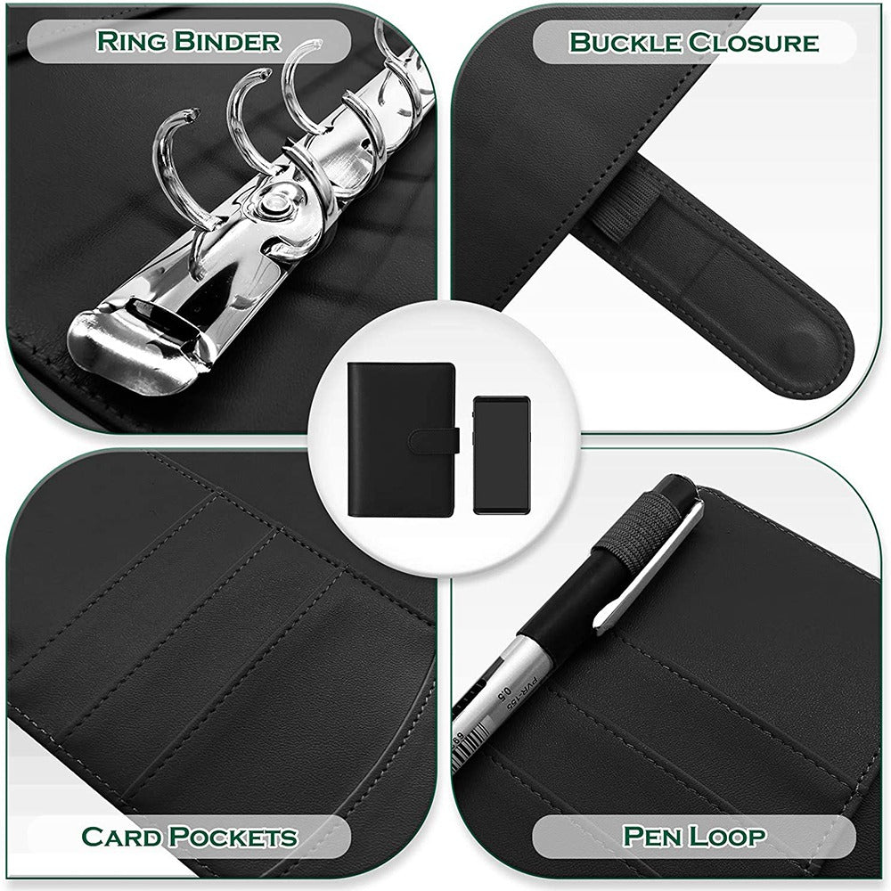 A6 PU Leather Notebook Binder Budget Planner Organizer 6 Ring Binder Cover with 10 Binder Pockets and 2 Label Stickers