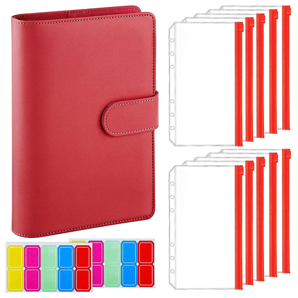 A6 PU Leather Notebook Binder Budget Planner Organizer 6 Ring Binder Cover with 10 Binder Pockets and 2 Label Stickers