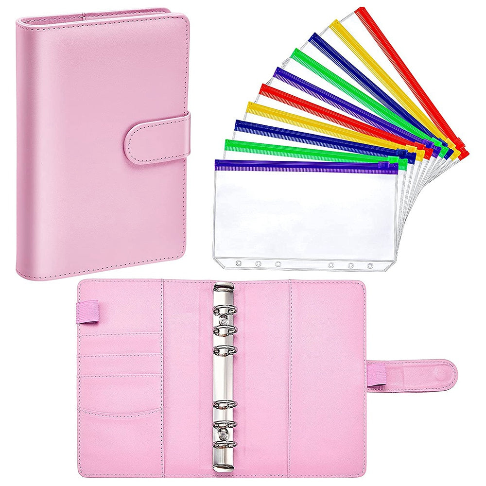 A6 Card Holder Design PU Leather Binder Notebook Budget Planner Money Organizer 6 Ring Binder Cover with 10 Binder Pockets