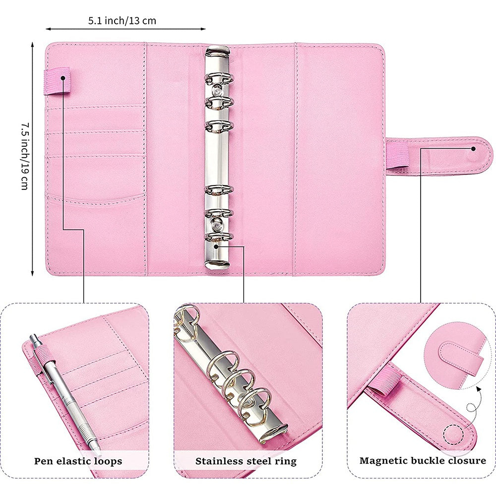 A6 Card Holder Design PU Leather Binder Notebook Budget Planner Money Organizer 6 Ring Binder Cover with 10 Binder Pockets
