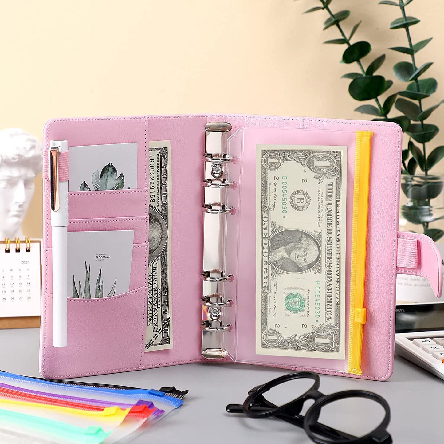 A6 Card Holder Design PU Leather Binder Notebook Budget Planner Money Organizer 6 Ring Binder Cover with 10 Binder Pockets