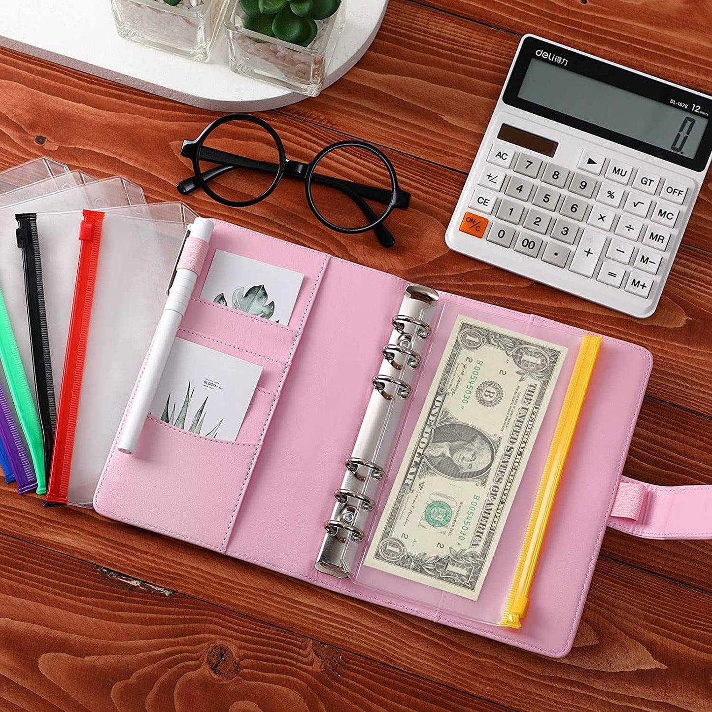 A6 Card Holder Design PU Leather Binder Notebook Budget Planner Money Organizer 6 Ring Binder Cover with 10 Binder Pockets