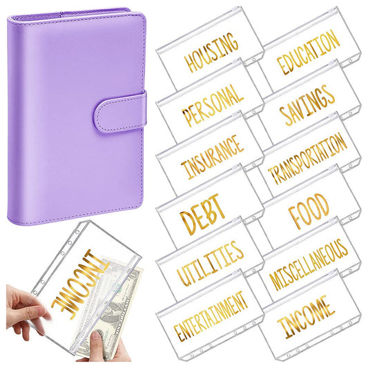A6 PU Leather 6 Rings Binder Notebook Budget Planner Money Organizer Binder Cover with 12 Gold Word Design PVC Pockets