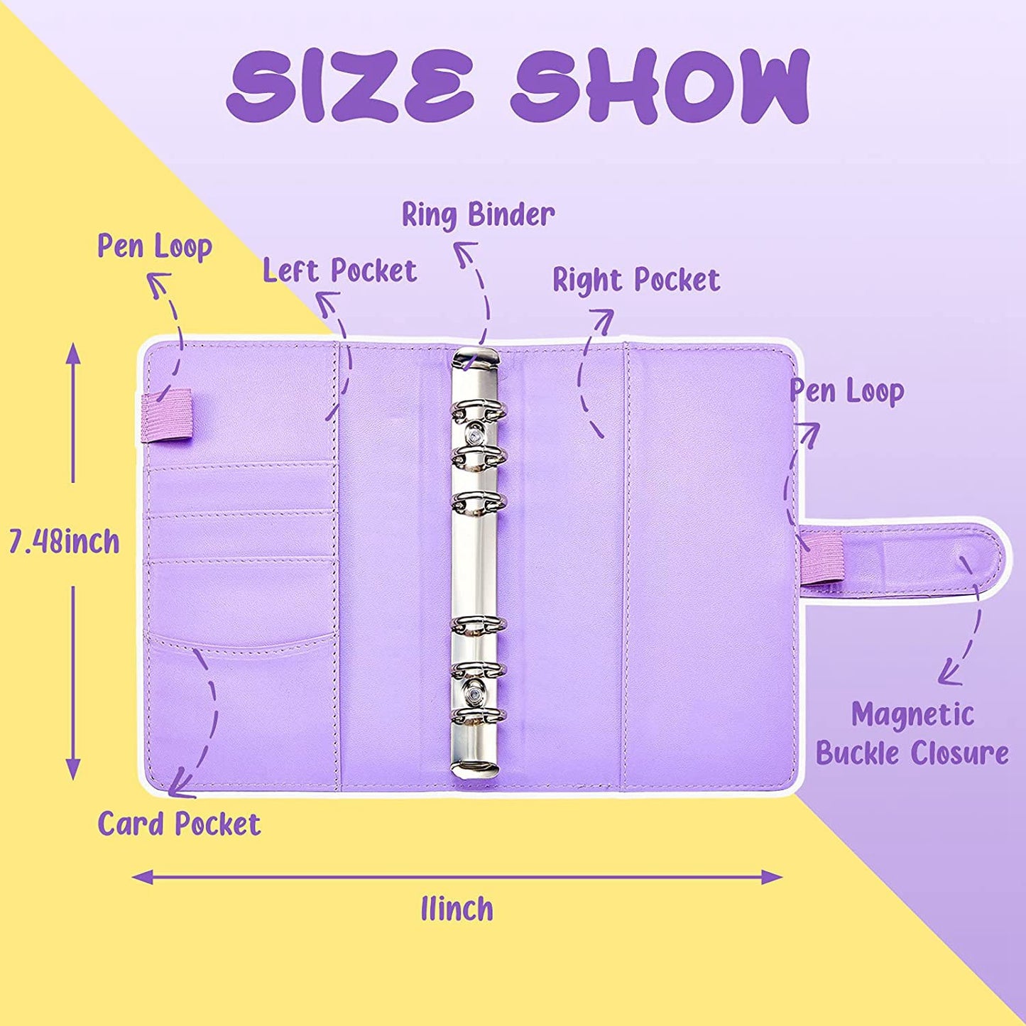 A6 PU Leather 6 Rings Binder Notebook Budget Planner Money Organizer Binder Cover with 12 Gold Word Design PVC Pockets