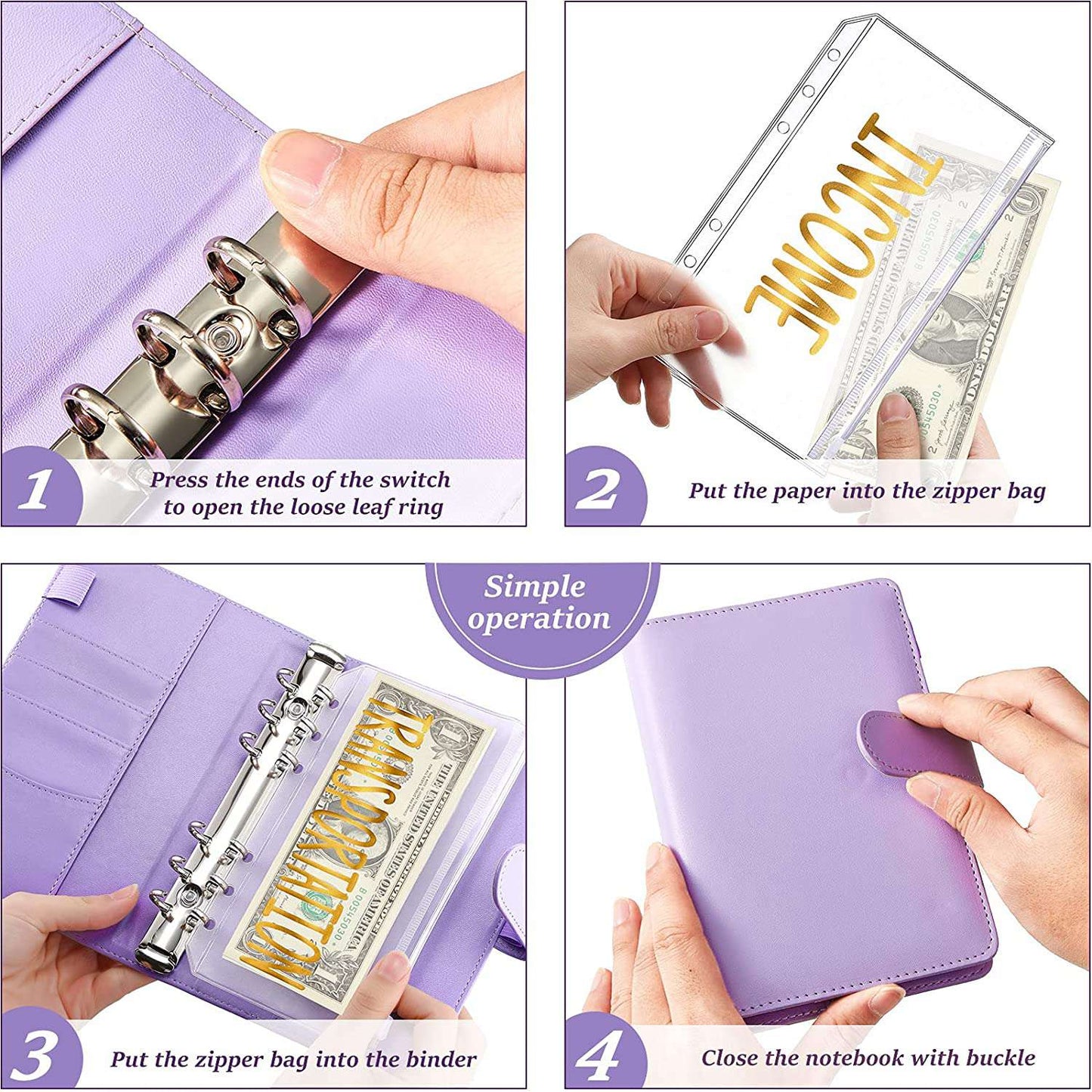A6 PU Leather 6 Rings Binder Notebook Budget Planner Money Organizer Binder Cover with 12 Gold Word Design PVC Pockets