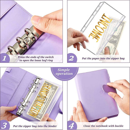 A6 PU Leather 6 Rings Binder Notebook Budget Planner Money Organizer Binder Cover with 12 Gold Word Design PVC Pockets