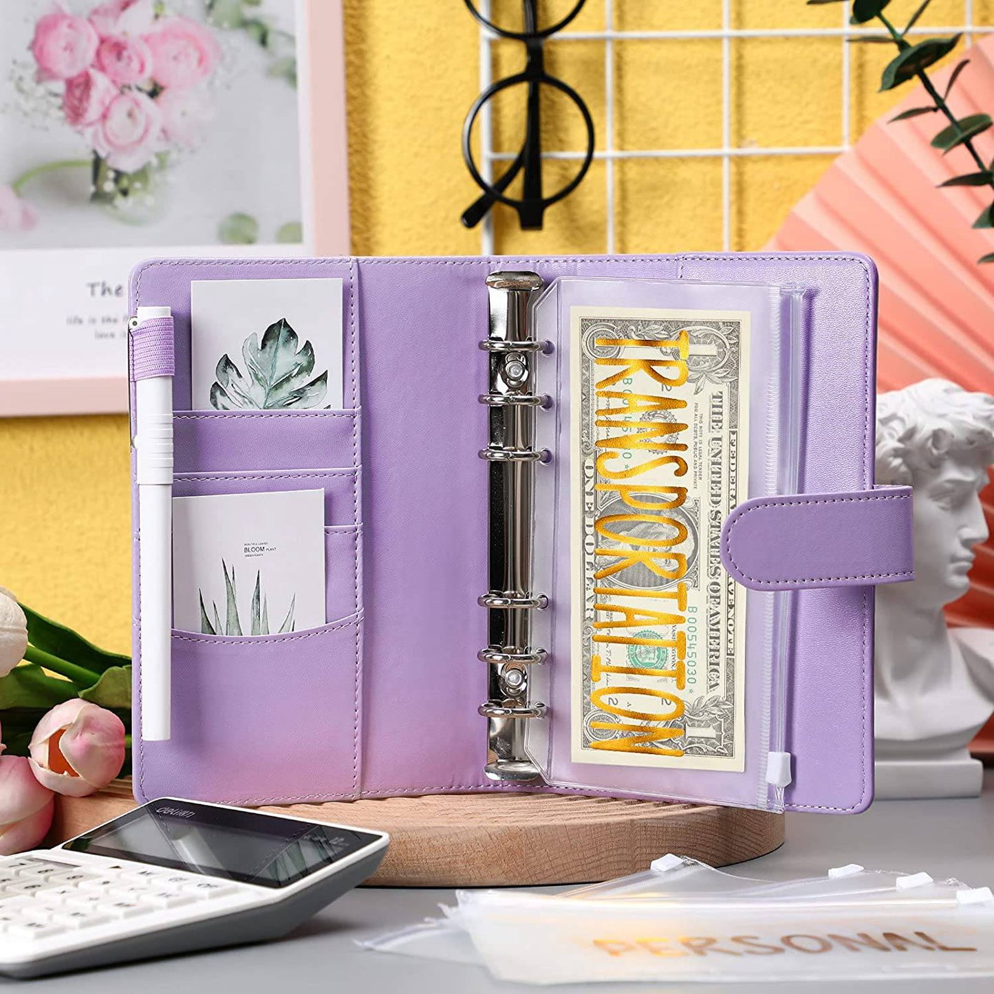 A6 PU Leather 6 Rings Binder Notebook Budget Planner Money Organizer Binder Cover with 12 Gold Word Design PVC Pockets