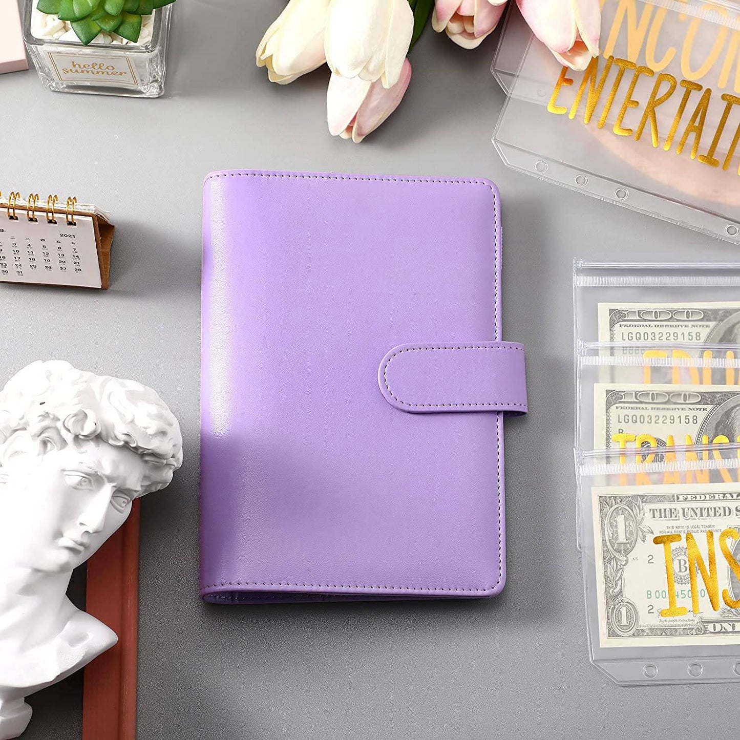 A6 PU Leather 6 Rings Binder Notebook Budget Planner Money Organizer Binder Cover with 12 Gold Word Design PVC Pockets
