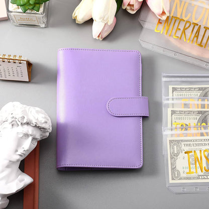 A6 PU Leather 6 Rings Binder Notebook Budget Planner Money Organizer Binder Cover with 12 Gold Word Design PVC Pockets