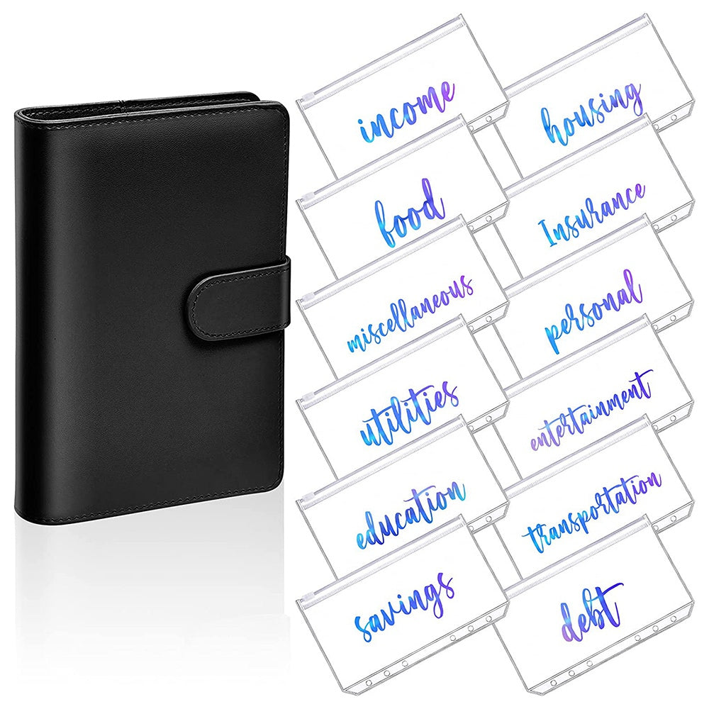 A6 PU Leather 6 Rings Binder Notebook Budget Planner Binder Cover with 12 PVC Zipper Pockets