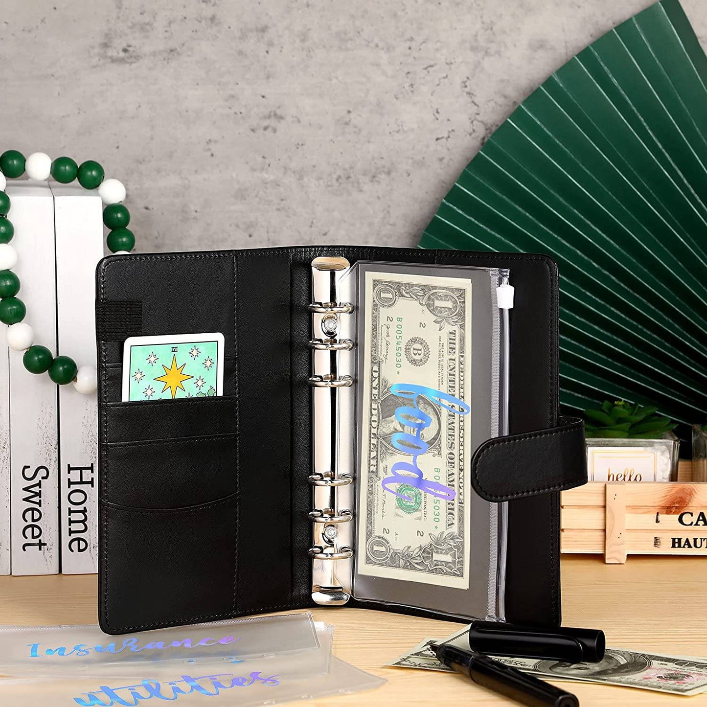 A6 PU Leather 6 Rings Binder Notebook Budget Planner Binder Cover with 12 PVC Zipper Pockets