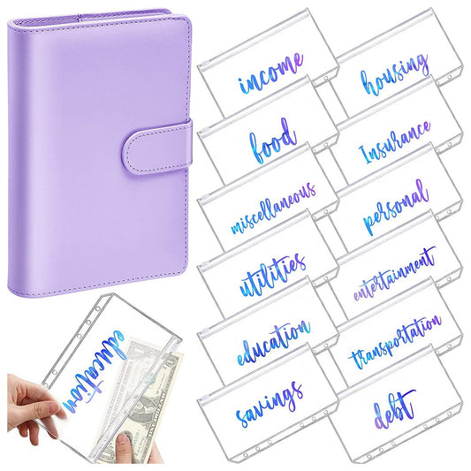 A6 PU Leather 6 Rings Binder Notebook Budget Planner Binder Cover with 12 PVC Zipper Pockets