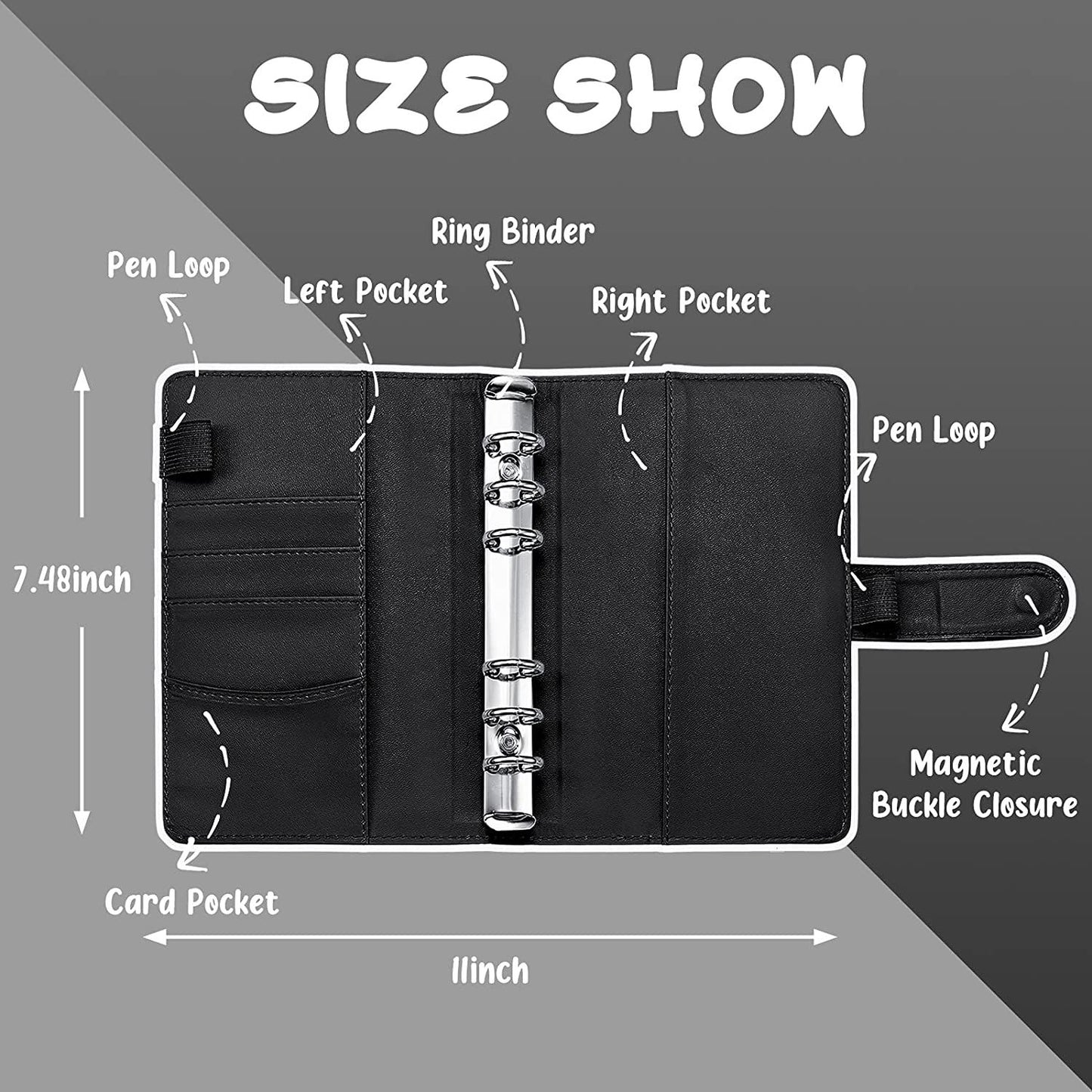A6 PU Leather 6 Rings Binder Notebook Budget Planner Binder Cover with 12 PVC Zipper Pockets