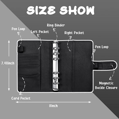 A6 PU Leather 6 Rings Binder Notebook Budget Planner Binder Cover with 12 PVC Zipper Pockets