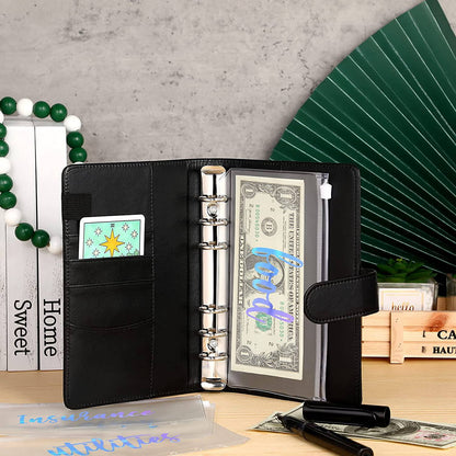 A6 PU Leather 6 Rings Binder Notebook Budget Planner Binder Cover with 12 PVC Zipper Pockets