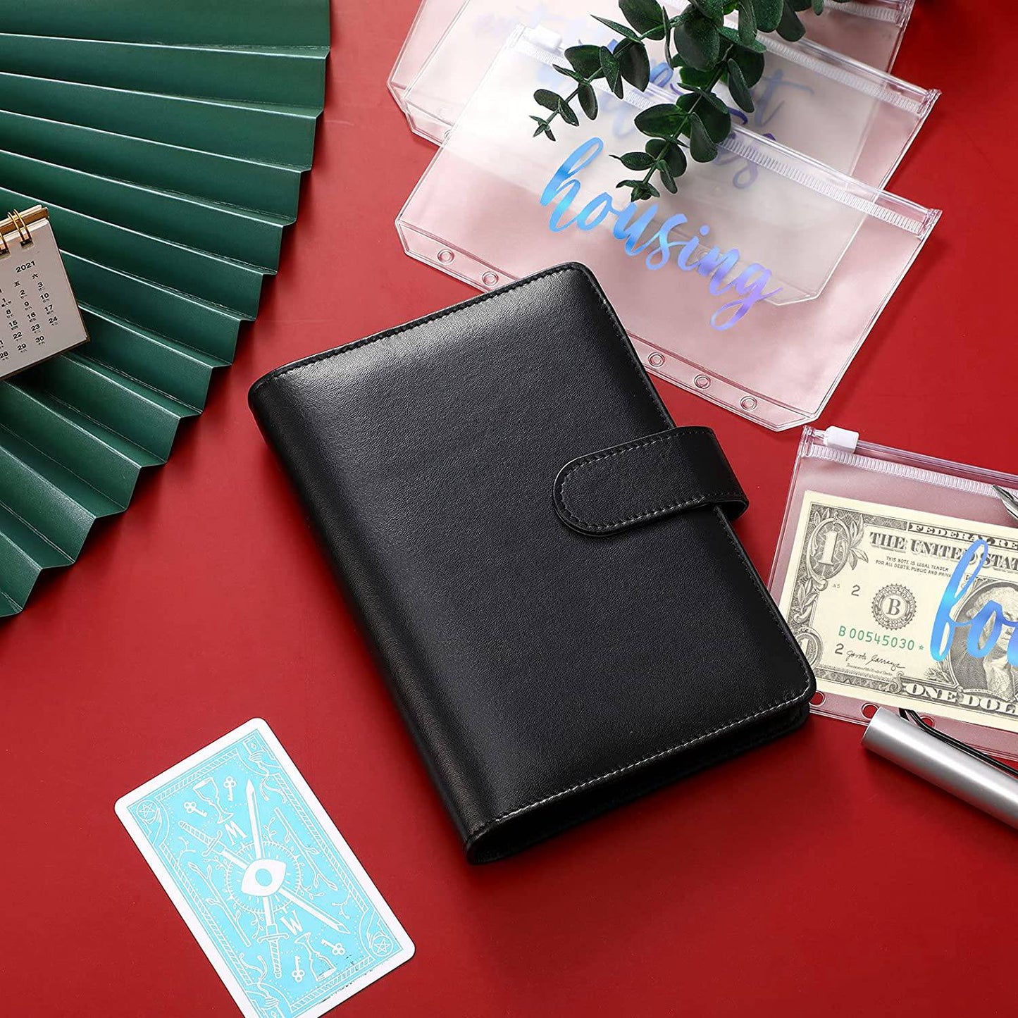A6 PU Leather 6 Rings Binder Notebook Budget Planner Binder Cover with 12 PVC Zipper Pockets