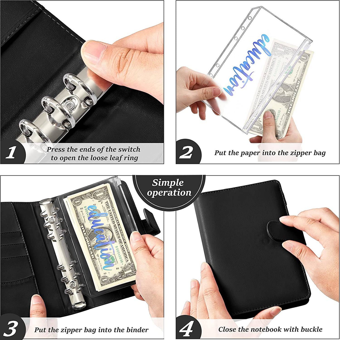 A6 PU Leather 6 Rings Binder Notebook Budget Planner Binder Cover with 12 PVC Zipper Pockets