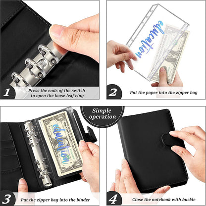 A6 PU Leather 6 Rings Binder Notebook Budget Planner Binder Cover with 12 PVC Zipper Pockets