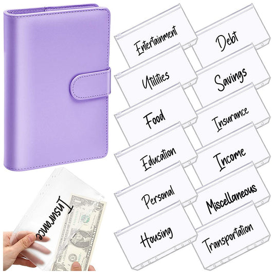 A6 PU Leather Notebook Budget Planner Organizer 6 Ring Binder Cover 12 Binder Pockets
