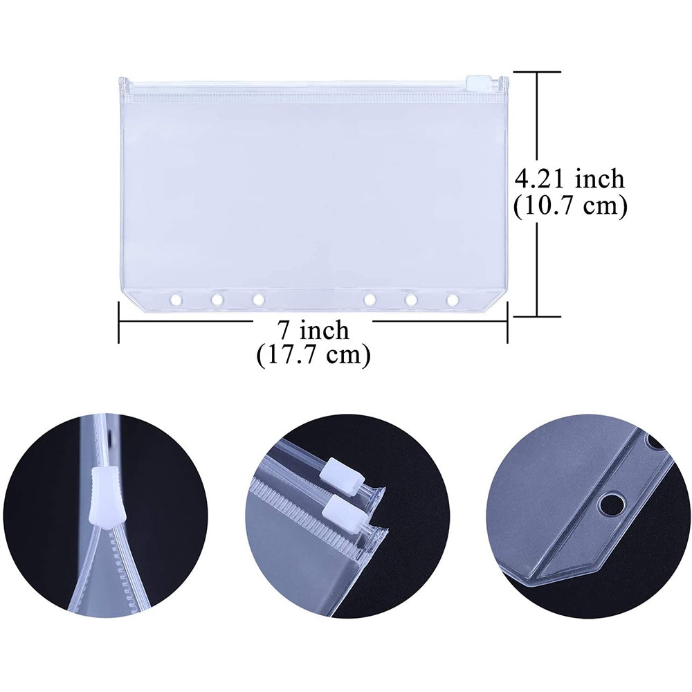 12Pcs Clear PVC A6 Binder Pockets Zipper Folders for 6-Ring Notebook Binder Files Reports Binder