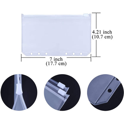 12Pcs Clear PVC A6 Binder Pockets Zipper Folders for 6-Ring Notebook Binder Files Reports Binder