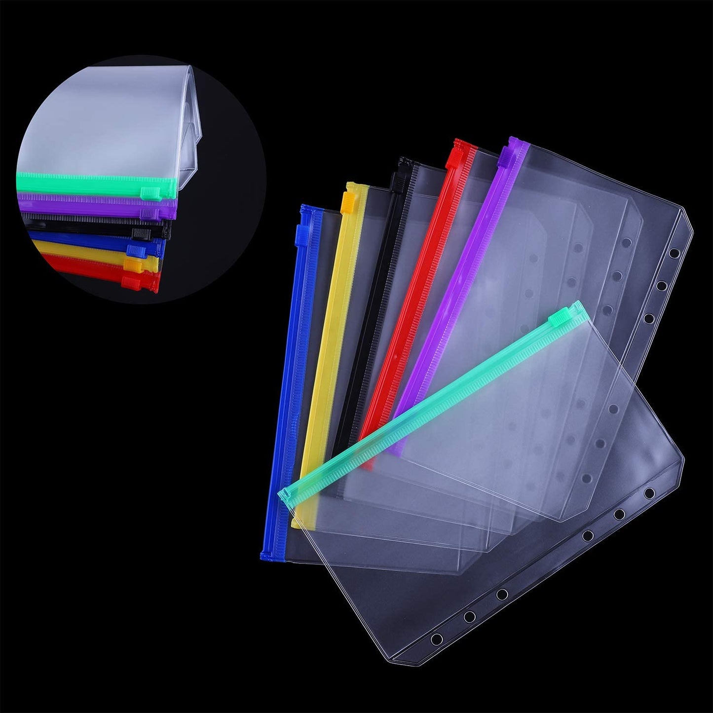 A6 Size Binder Pockets PVC Pouch Loose Leaf Document Filing Bags Multicolor Zipper Cash Envelopes Replacements for 6-Ring Notebook Binder