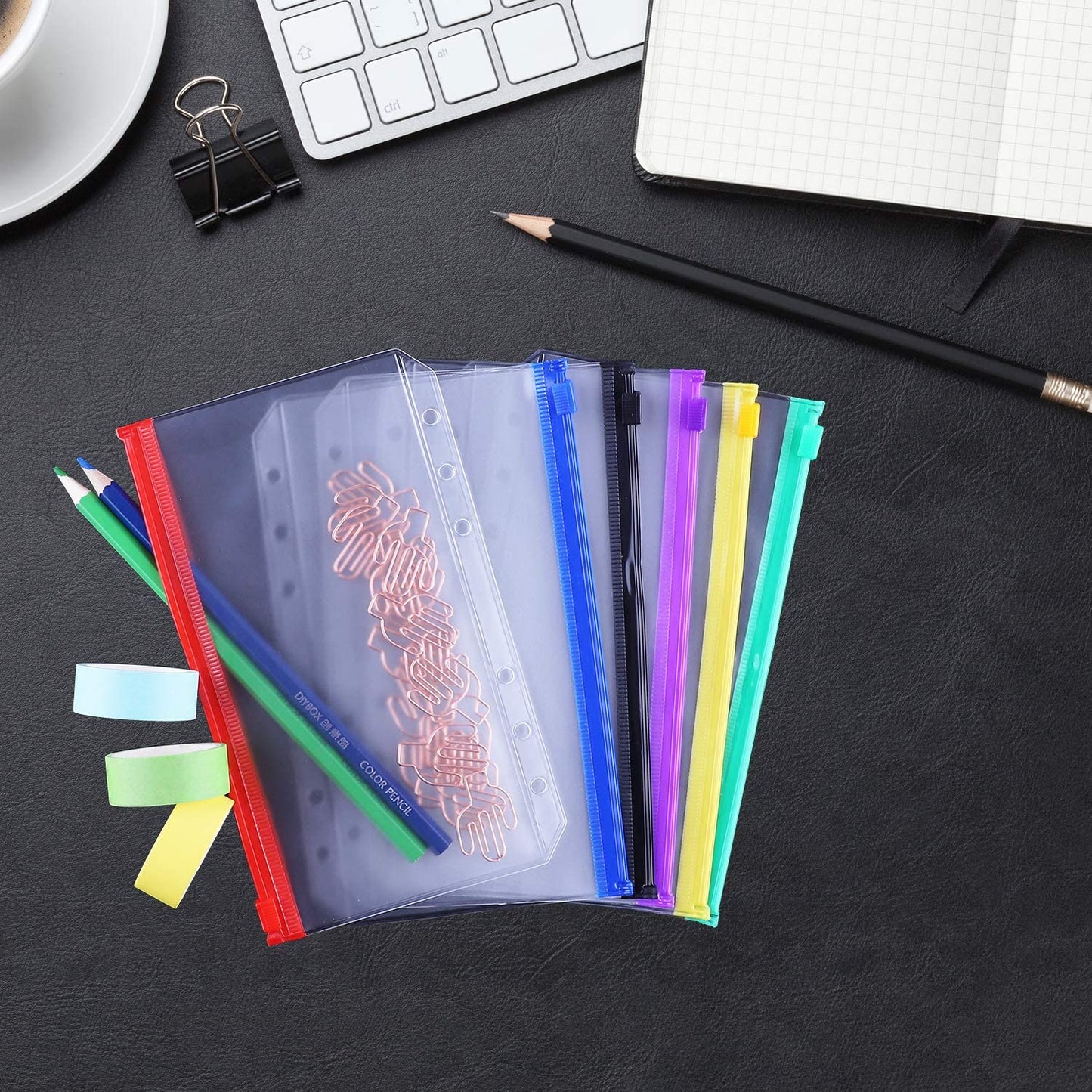 A6 Size Binder Pockets PVC Pouch Loose Leaf Document Filing Bags Multicolor Zipper Cash Envelopes Replacements for 6-Ring Notebook Binder