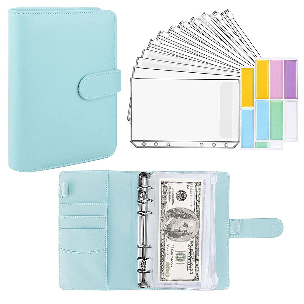 6 Rings A6 PU Leather Binder Bill Card Money Organizer Magnetic Clasp Binder Cover Notebook with 12 PVC Pockets and 2 Label Stickers