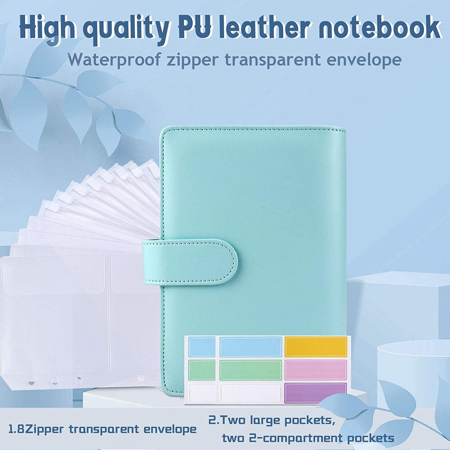 6 Rings A6 PU Leather Binder Bill Card Money Organizer Magnetic Clasp Binder Cover Notebook with 12 PVC Pockets and 2 Label Stickers